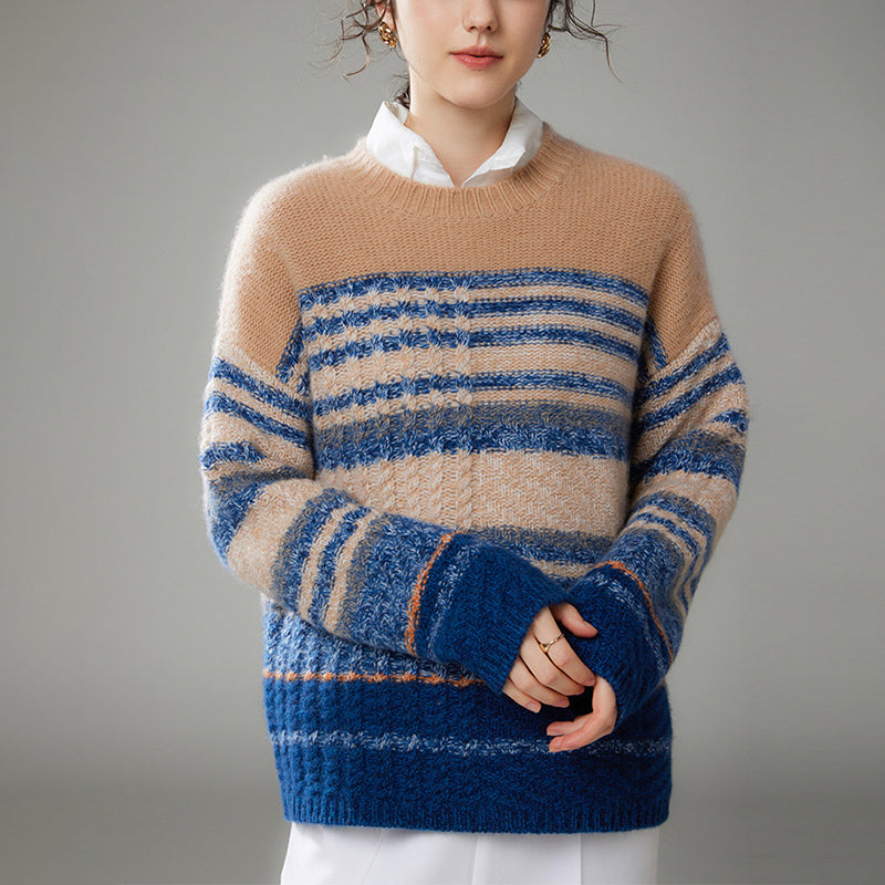 Floral Contrast Color Round Neck Cashmere Sweater
