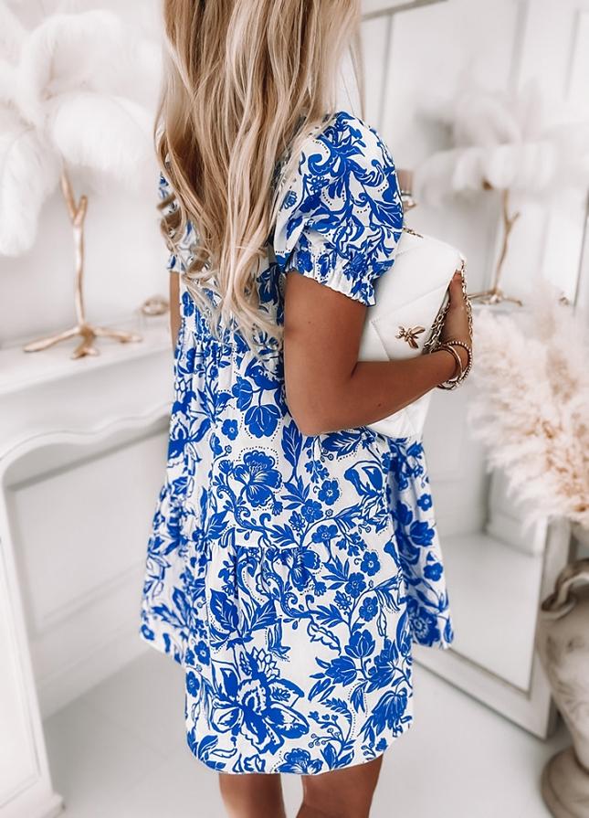 Blue Fresh Print Short Sleeve Mini Dress
