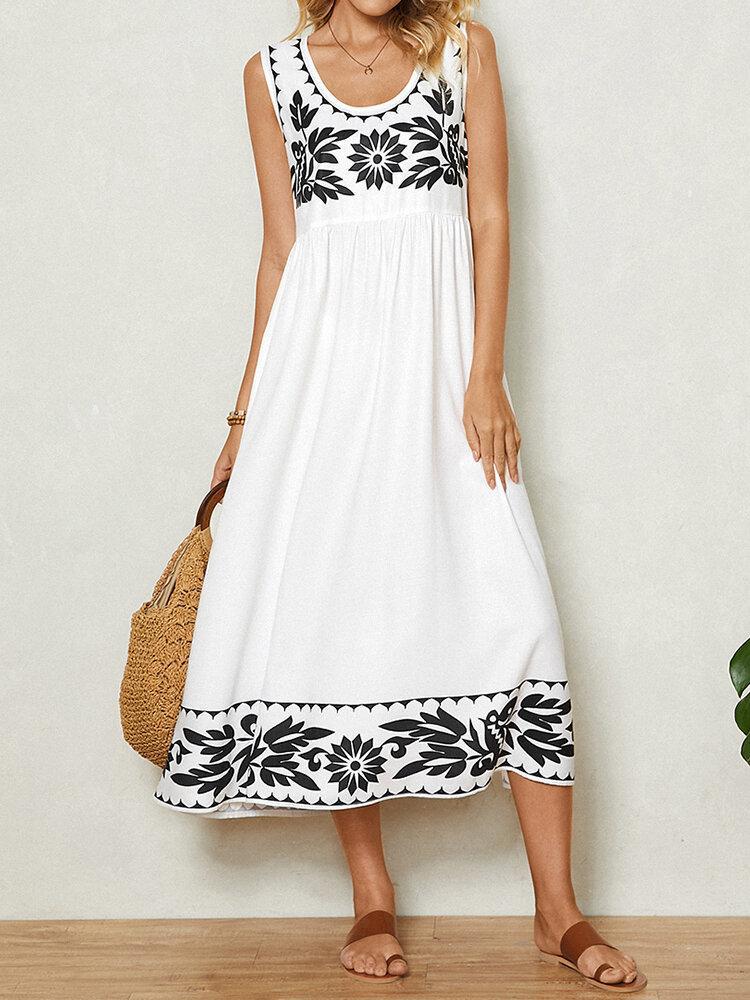 White Groovy Print Sleeveless Midi Dress