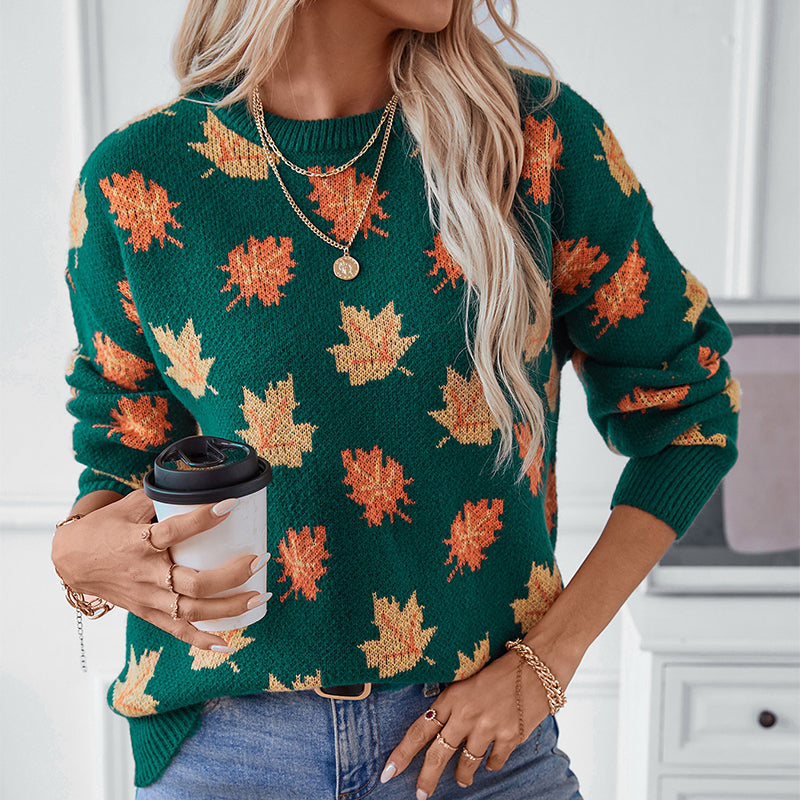 Maple Leaf Pattern Jacquard Casual Pullover Sweater for Women