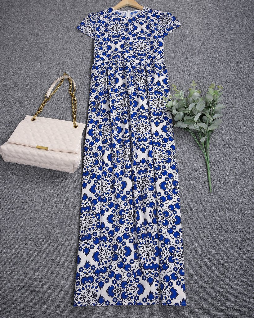 Modern Flower Print Short Sleeve Maxi Dress