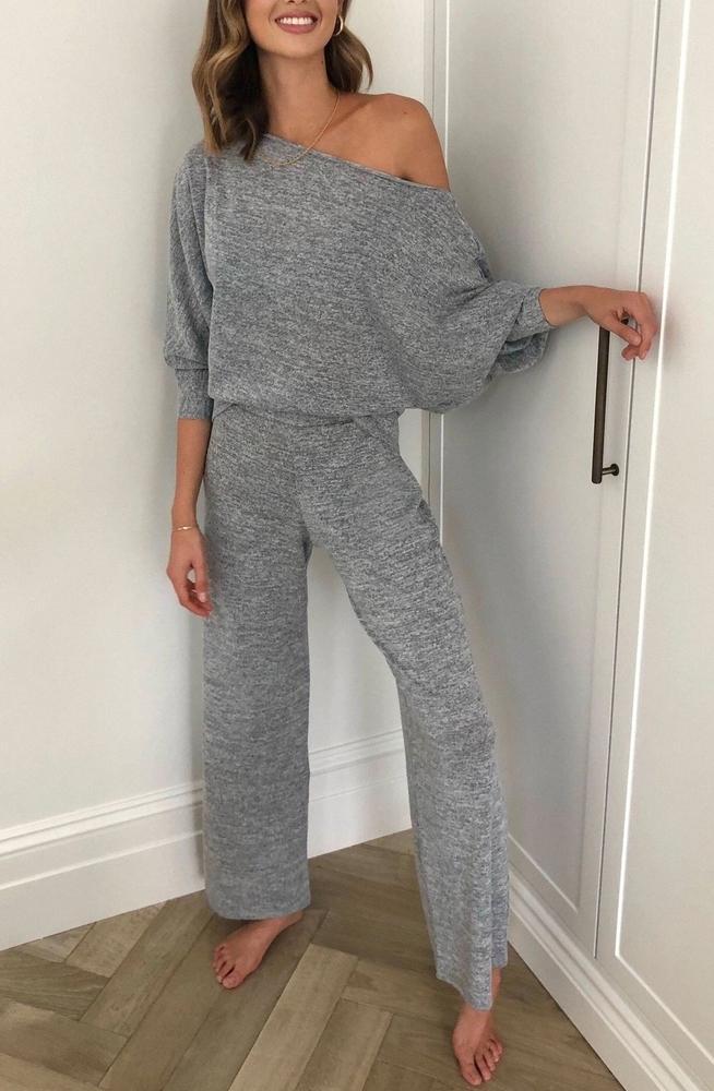 Casual Plain Cowl Neck Long Sleeve Lounge Set