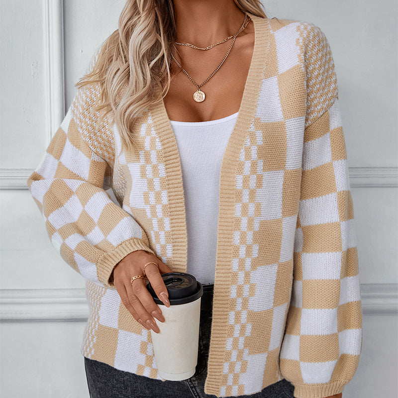 Women's Autumn/Winter New Colorblock Plaid Knit Cardigan Sweater