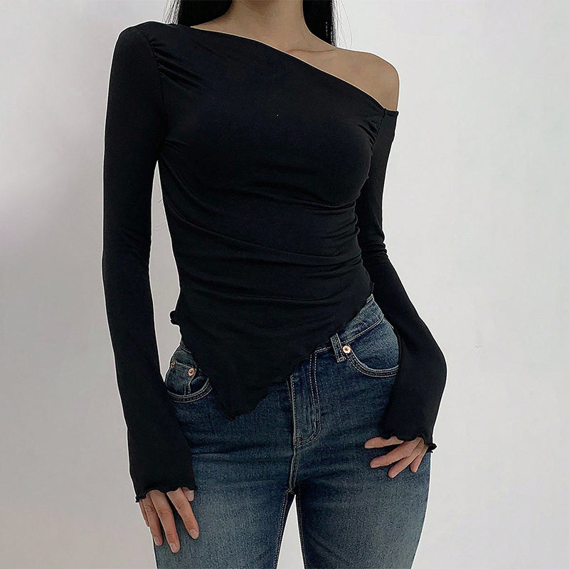 Solid Color Off-Shoulder Long Sleeves