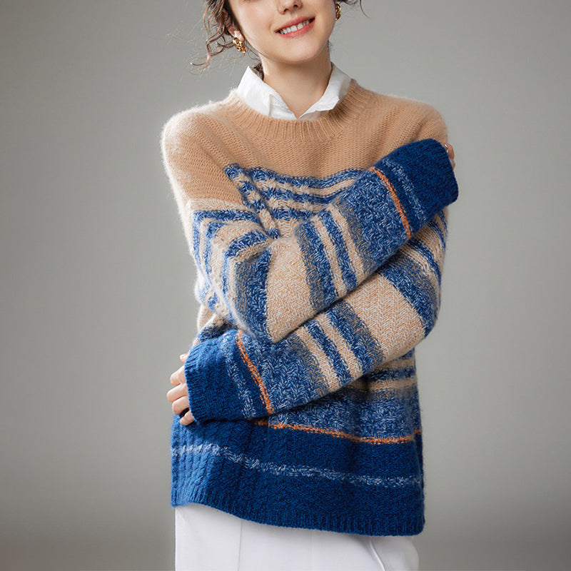 Floral Contrast Color Round Neck Cashmere Sweater