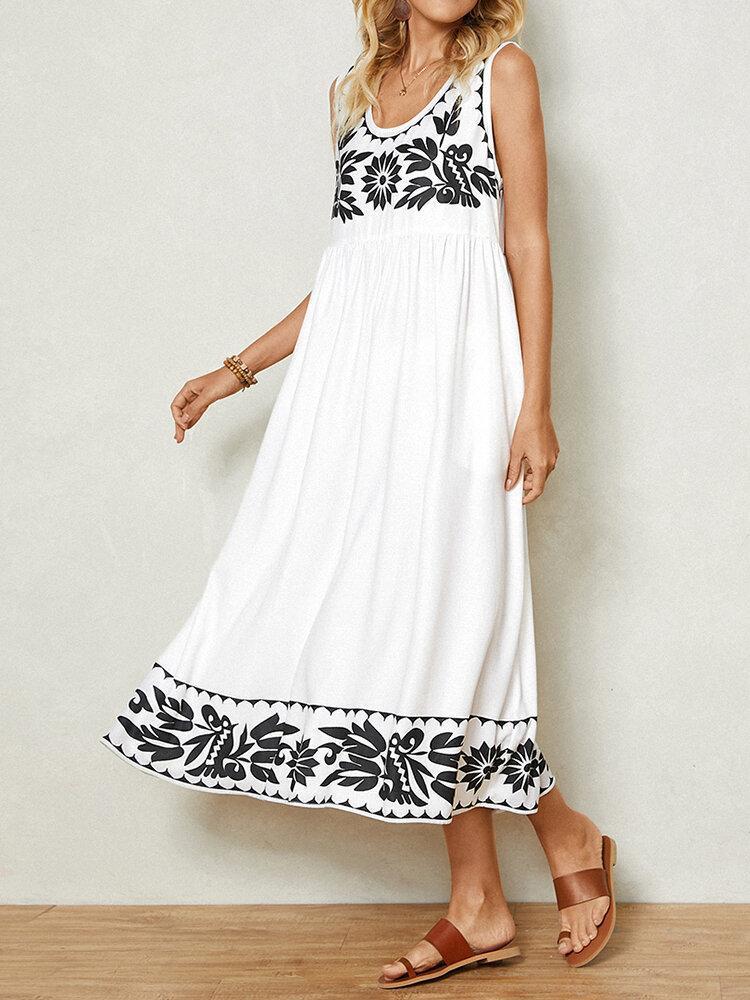 White Groovy Print Sleeveless Midi Dress