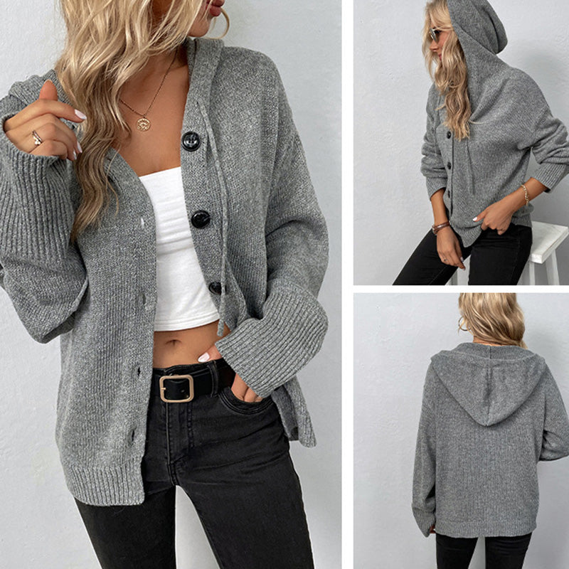 Women's Solid Color Hooded Drawstring Knit Cardigan Sweater