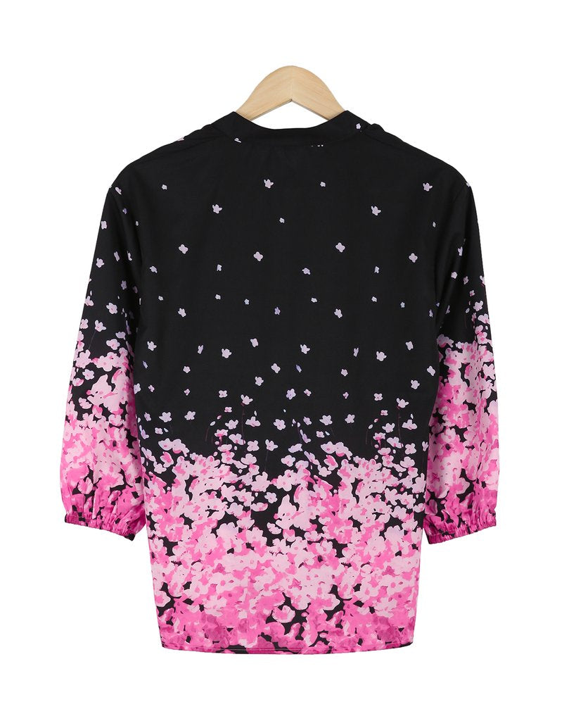 Elegant Floral Print 3/4 Sleeve Black Shirt