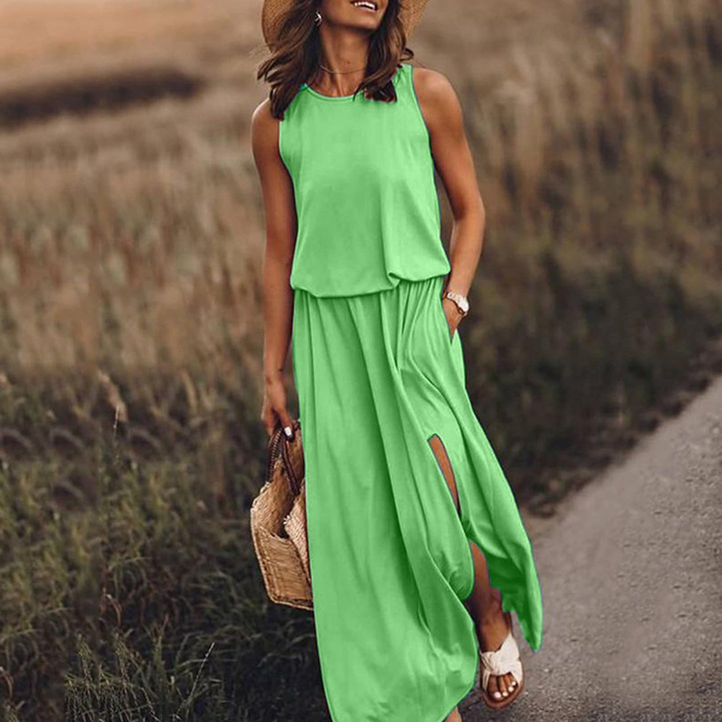 High Waist Split Maxi Long Dress with Pockets