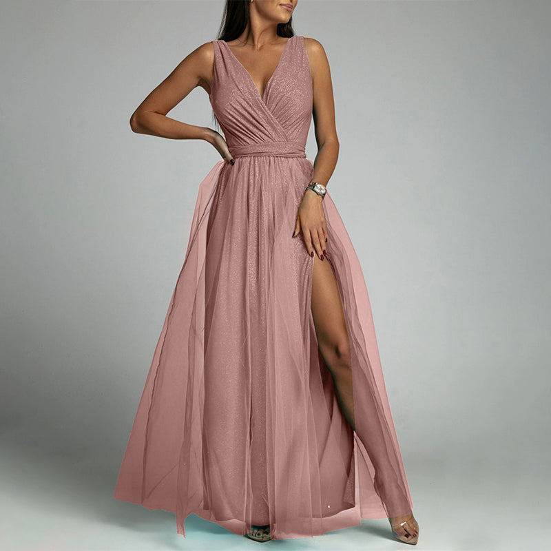 Split Thigh V Neck Wedding Guest Party Maxi Dress
