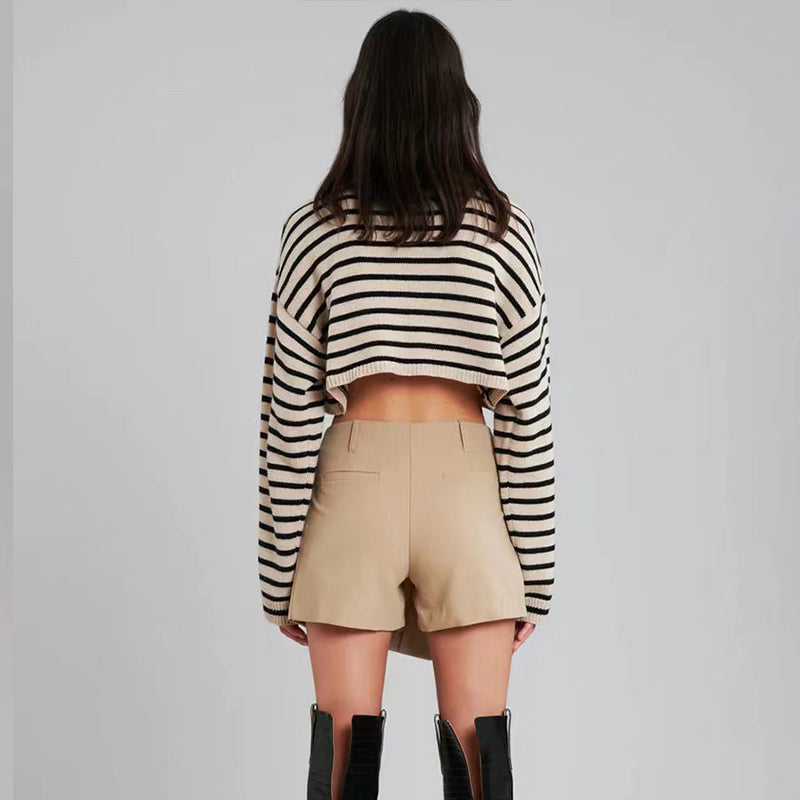 Wool Striped Cropped Knit Top