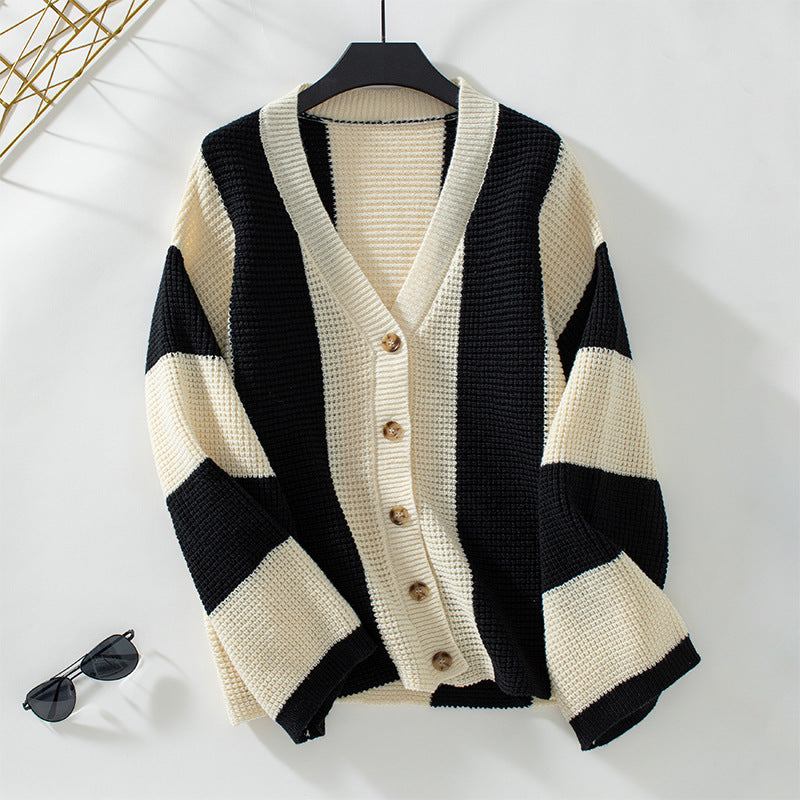 Striped Color Block Open Front Knit Cardigan