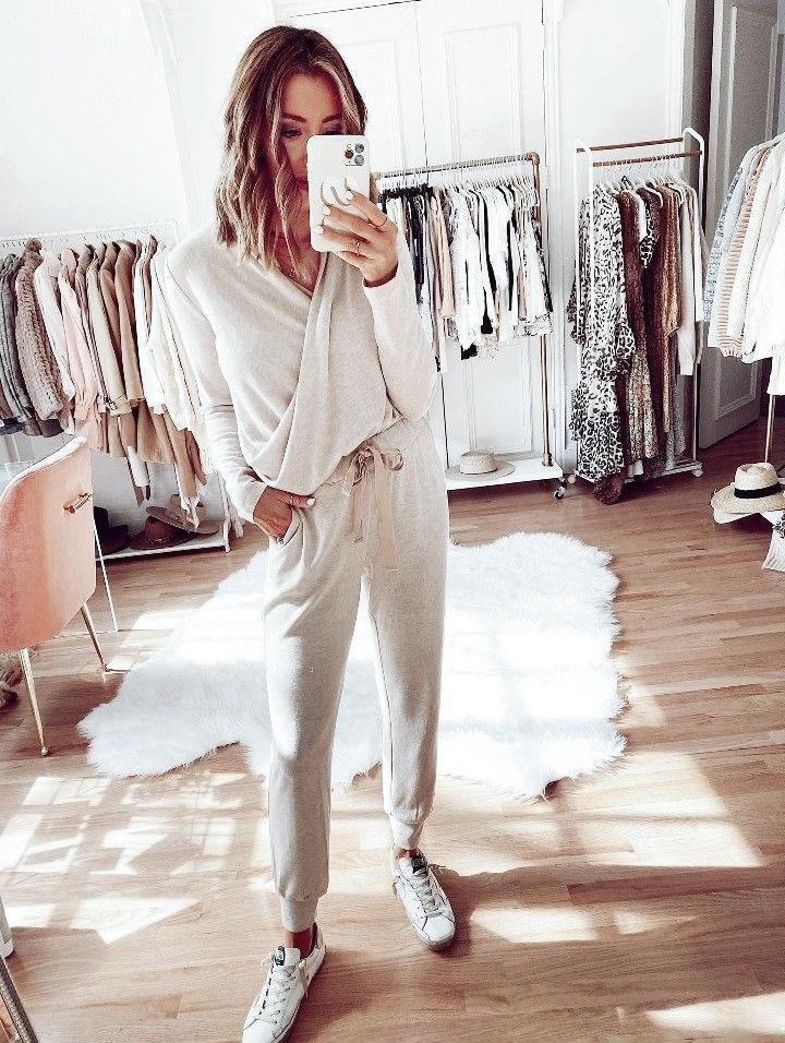 Casual Plain Crossed Long Sleeve Lounge Set