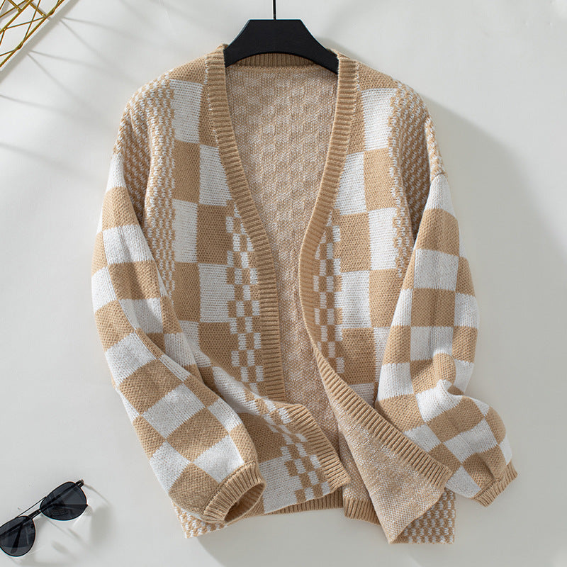 Women's Autumn/Winter New Colorblock Plaid Knit Cardigan Sweater