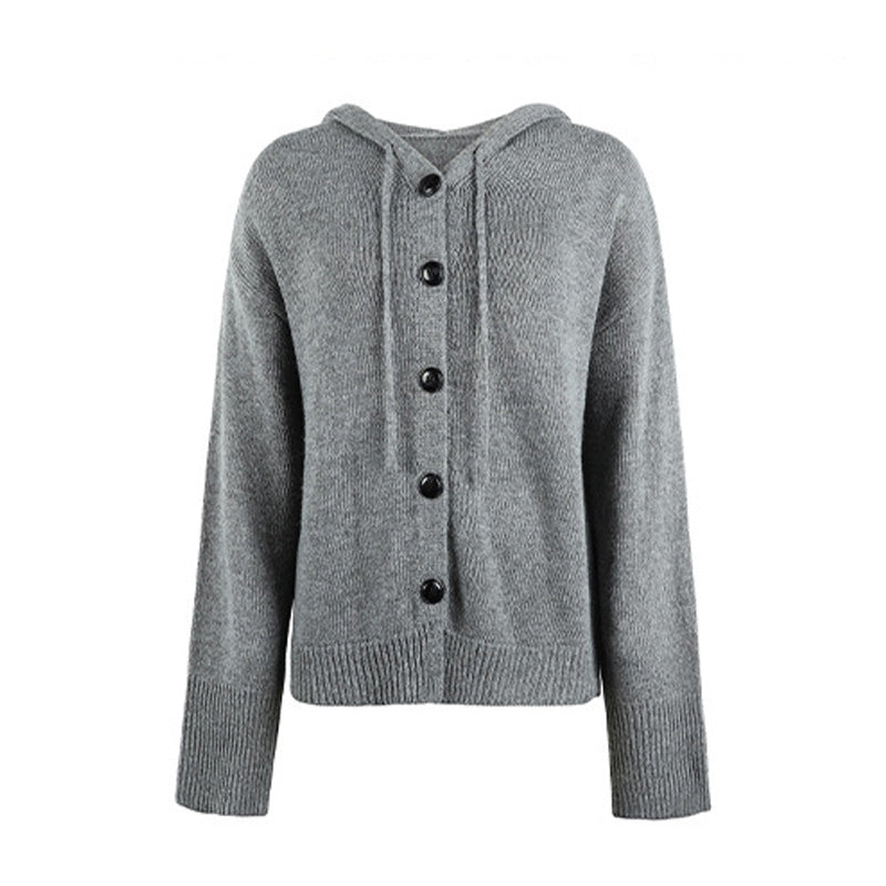 Women's Solid Color Hooded Drawstring Knit Cardigan Sweater