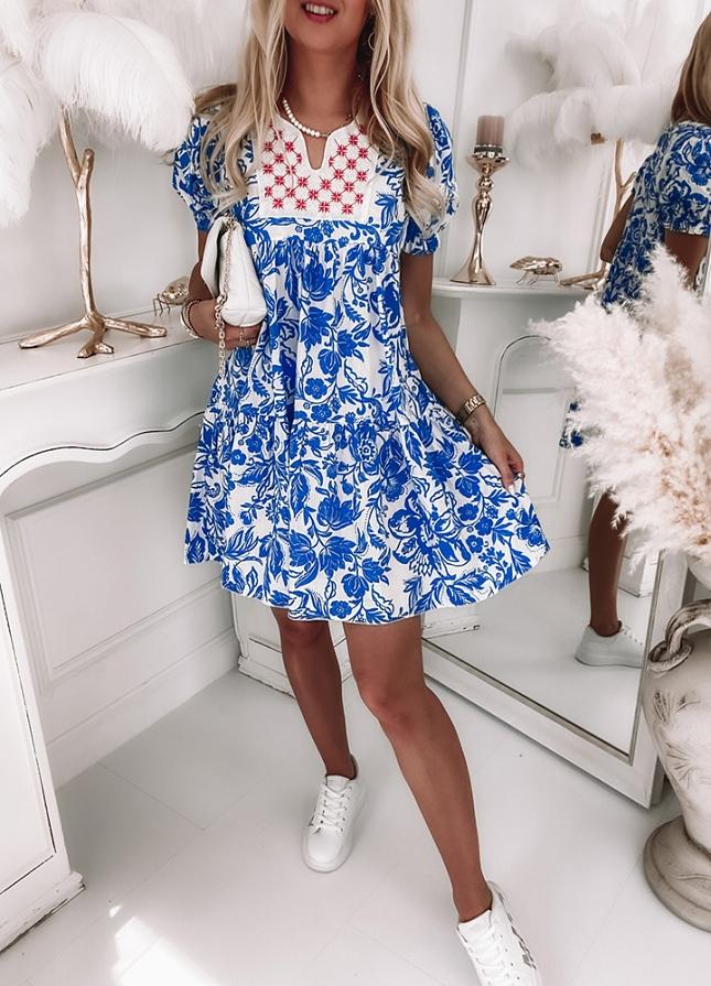 Blue Fresh Print Short Sleeve Mini Dress
