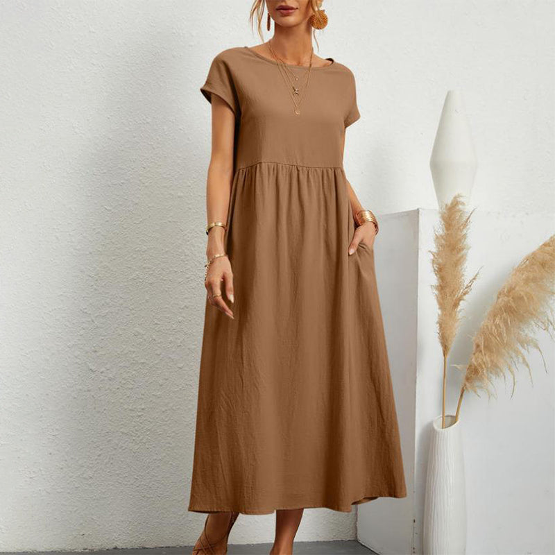 Women‘s Long Dress Solid Color Round Neck Tie Pockets