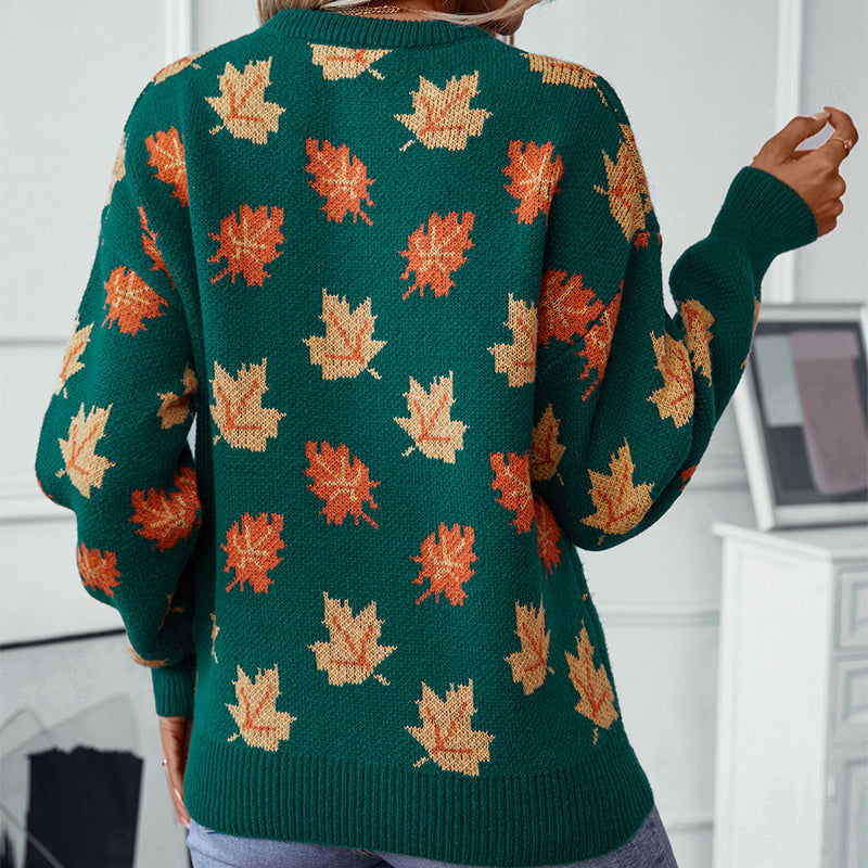 Maple Leaf Pattern Jacquard Casual Pullover Sweater for Women