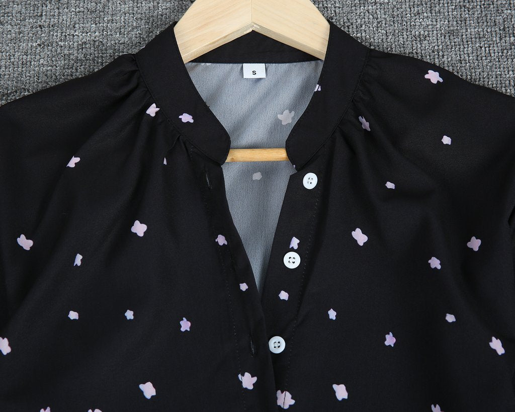 Elegant Floral Print 3/4 Sleeve Black Shirt