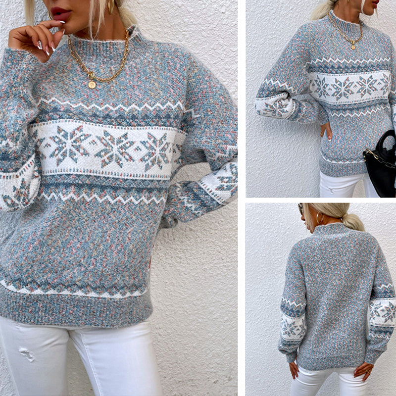 Women's Casual Half Turtleneck Snowflake Knit Christmas Sweater