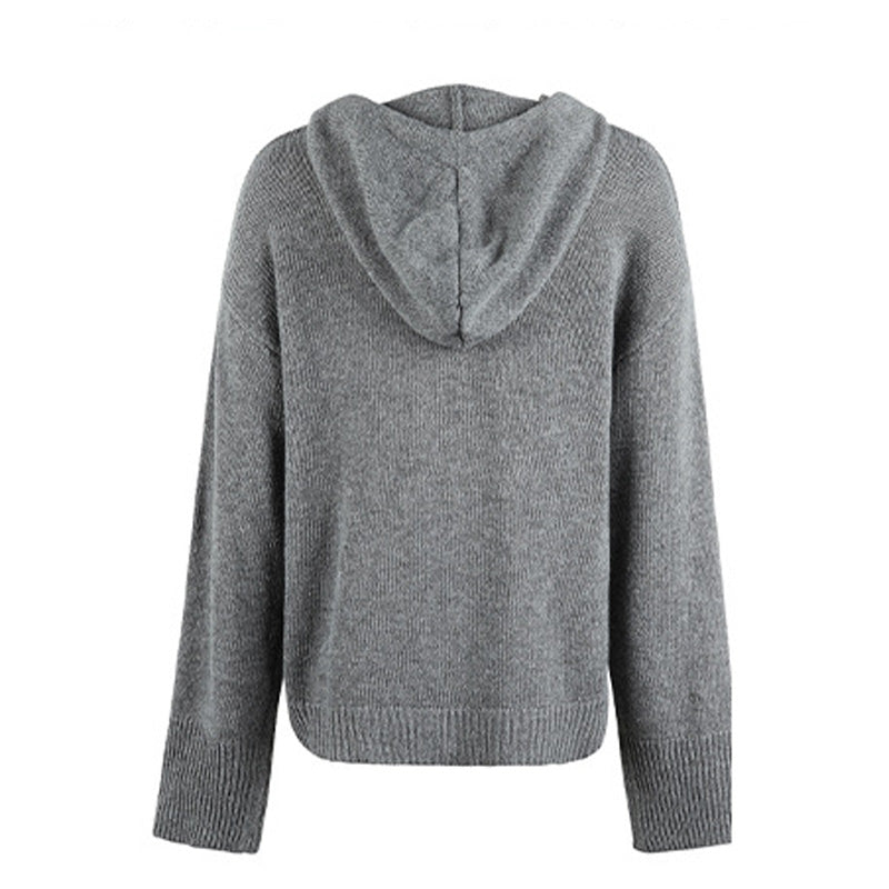 Women's Solid Color Hooded Drawstring Knit Cardigan Sweater