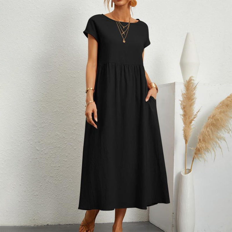 Women‘s Long Dress Solid Color Round Neck Tie Pockets