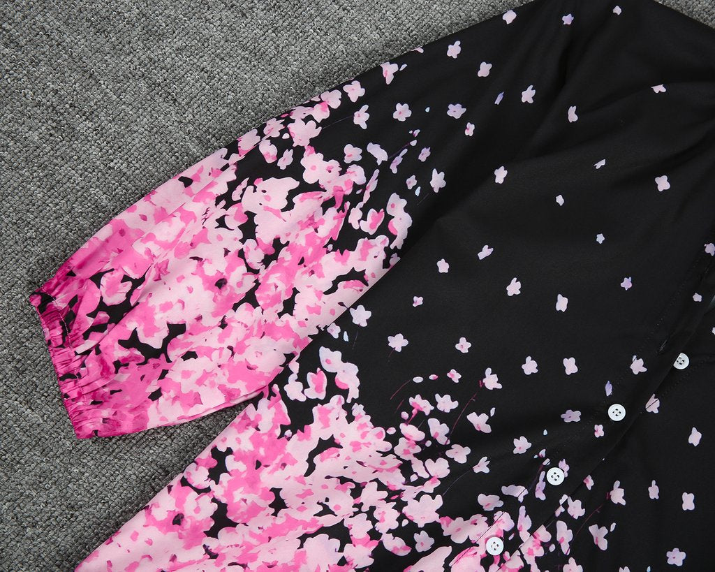 Elegant Floral Print 3/4 Sleeve Black Shirt