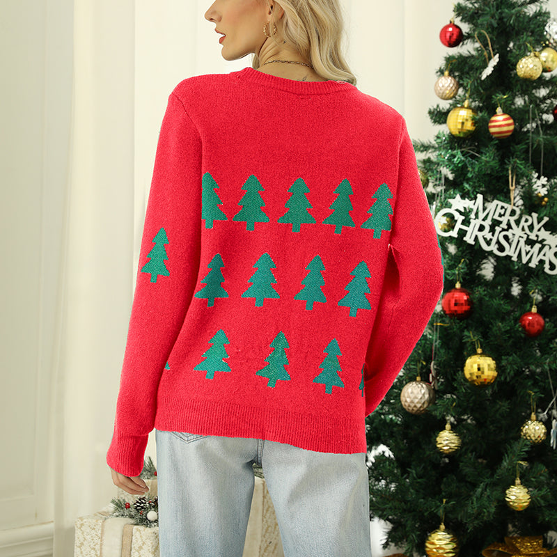 Jacquard Christmas Tree Knitted Long Sleeve Red/Black Christmas Sweater