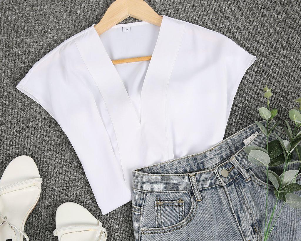 Elegant V-Neck White Plain Blouse