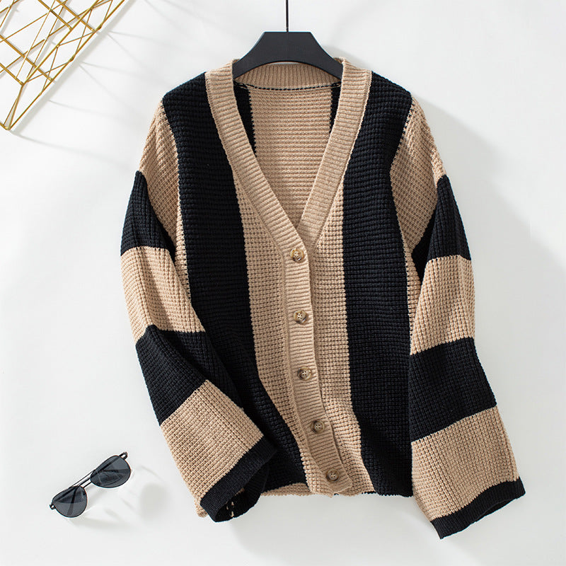 Striped Color Block Open Front Knit Cardigan