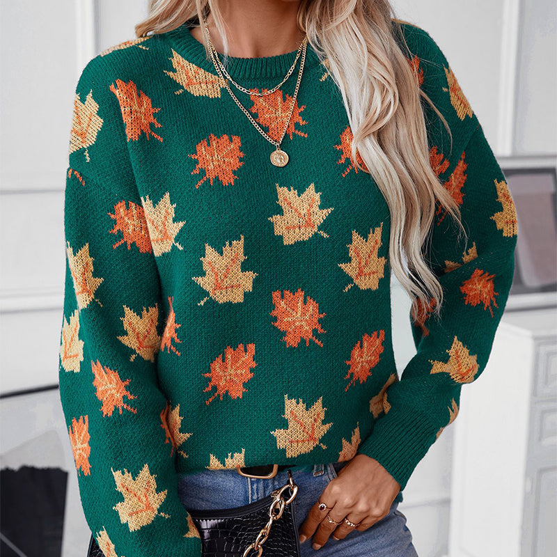 Maple Leaf Pattern Jacquard Casual Pullover Sweater for Women
