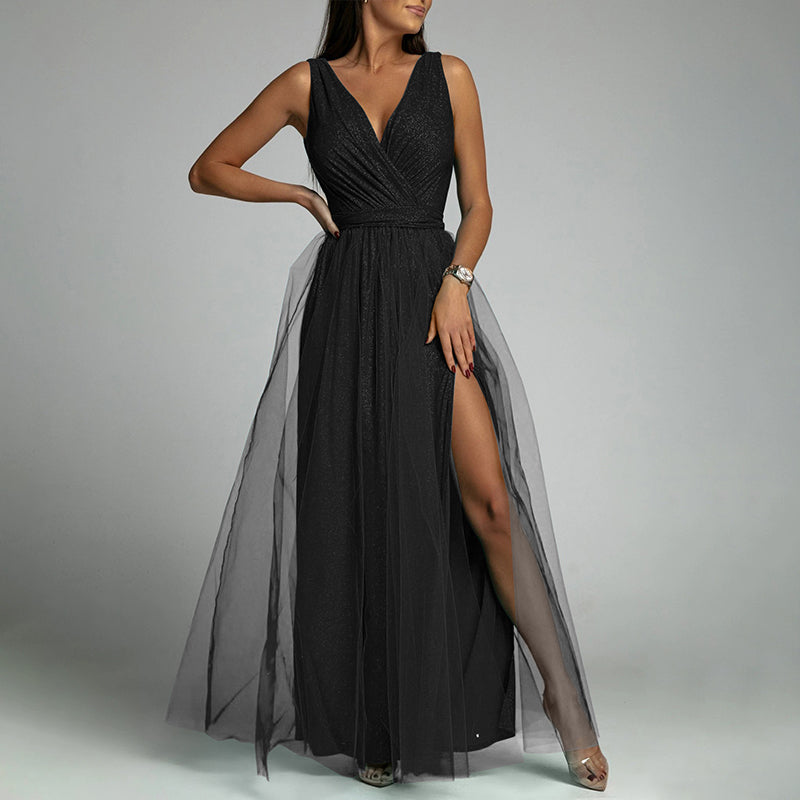 Split Thigh V Neck Wedding Guest Party Maxi Dress