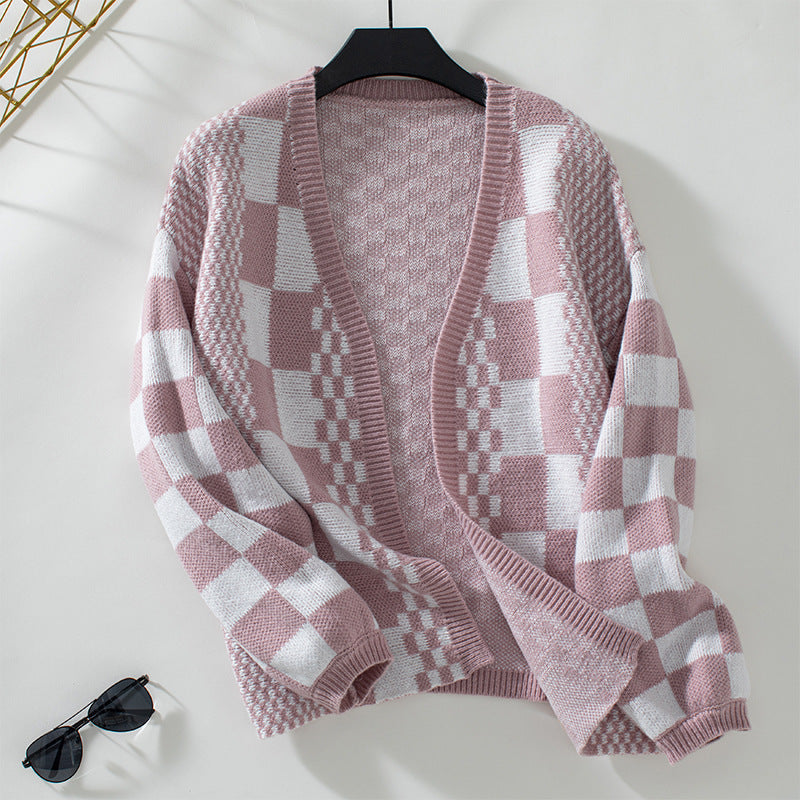 Women's Autumn/Winter New Colorblock Plaid Knit Cardigan Sweater