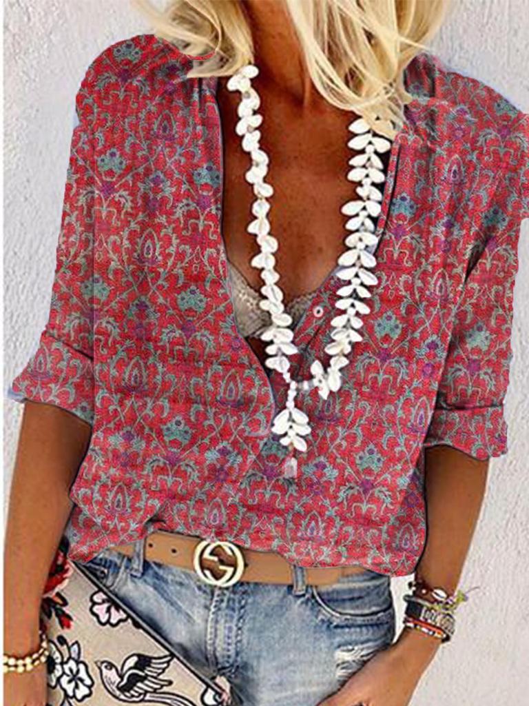 Red Attractive Print 3/4 Sleeve Top