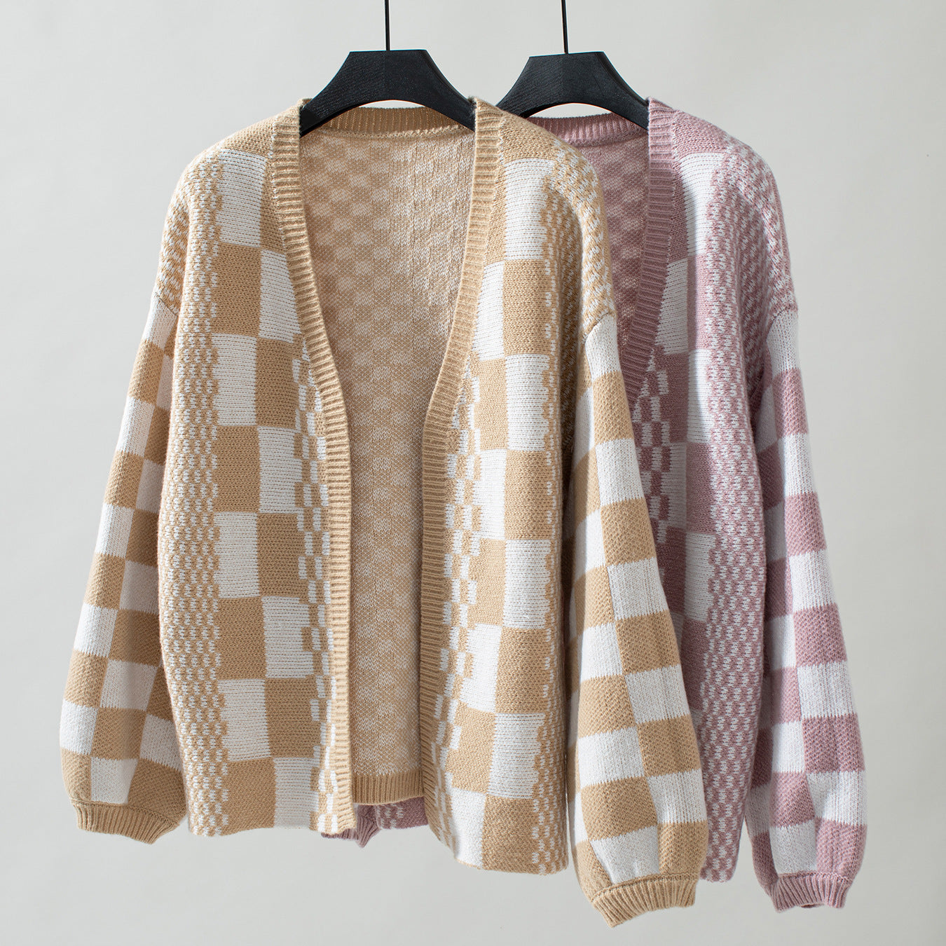Women's Autumn/Winter New Colorblock Plaid Knit Cardigan Sweater