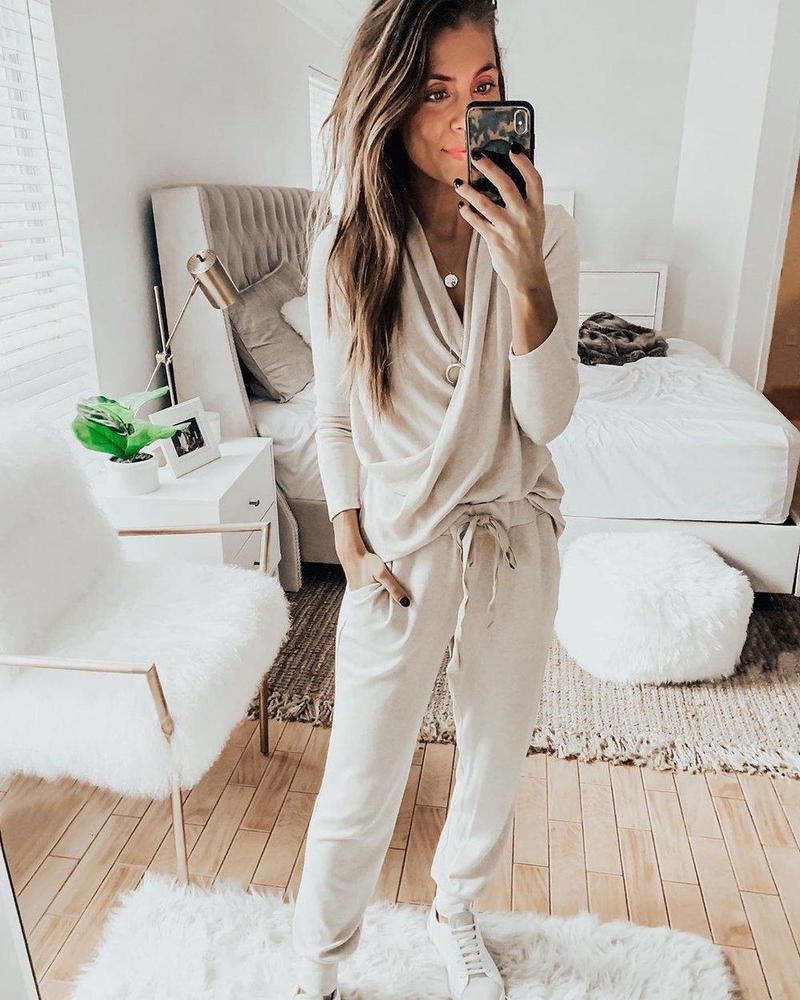 Casual Plain Crossed Long Sleeve Lounge Set