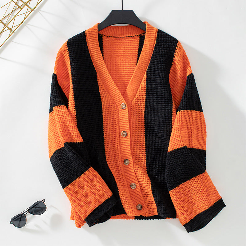 Striped Color Block Open Front Knit Cardigan