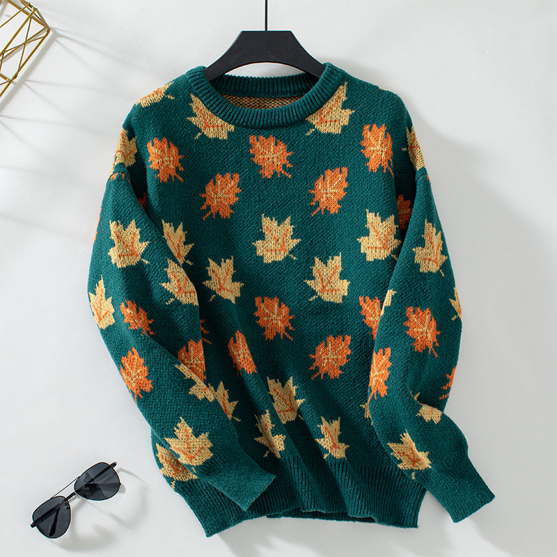 Maple Leaf Pattern Jacquard Casual Pullover Sweater for Women