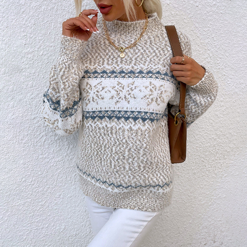 Women's Casual Half Turtleneck Snowflake Knit Christmas Sweater