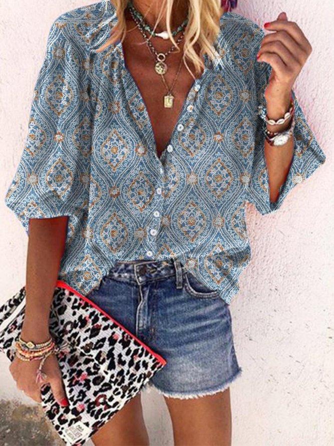 Retro Print 3/4 Sleeve Shirt