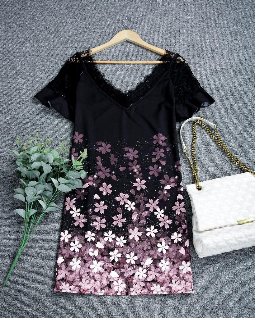 Elegant Printed Lace Short Sleeve Mini Dress