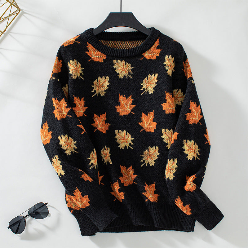 Maple Leaf Pattern Jacquard Casual Pullover Sweater for Women
