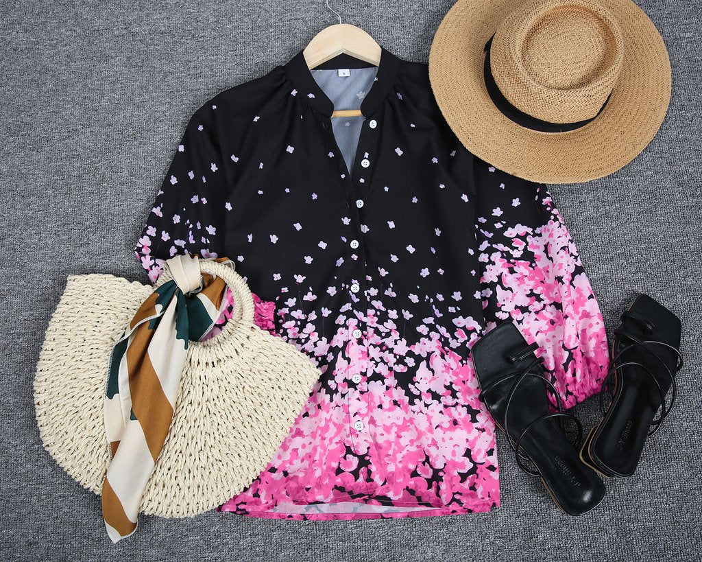 Elegant Floral Print 3/4 Sleeve Black Shirt