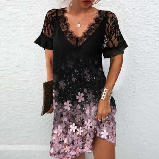 Elegant Printed Lace Short Sleeve Mini Dress