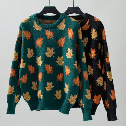 Maple Leaf Pattern Jacquard Casual Pullover Sweater for Women