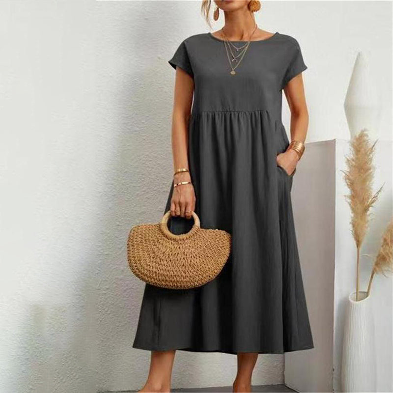 Women‘s Long Dress Solid Color Round Neck Tie Pockets