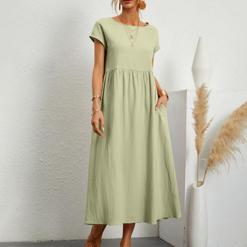 Women‘s Long Dress Solid Color Round Neck Tie Pockets