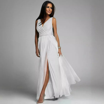 Split Thigh V Neck Wedding Guest Party Maxi Dress
