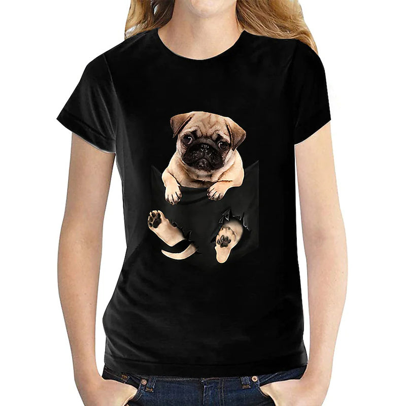 Women's Round Neck Realistic 3d Printed Dog Short Sleeve Top