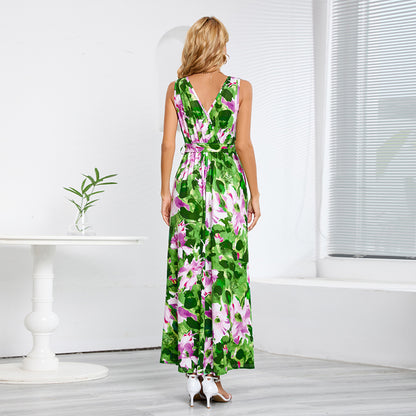 Green Sleeveless V-Neck Slit Dress